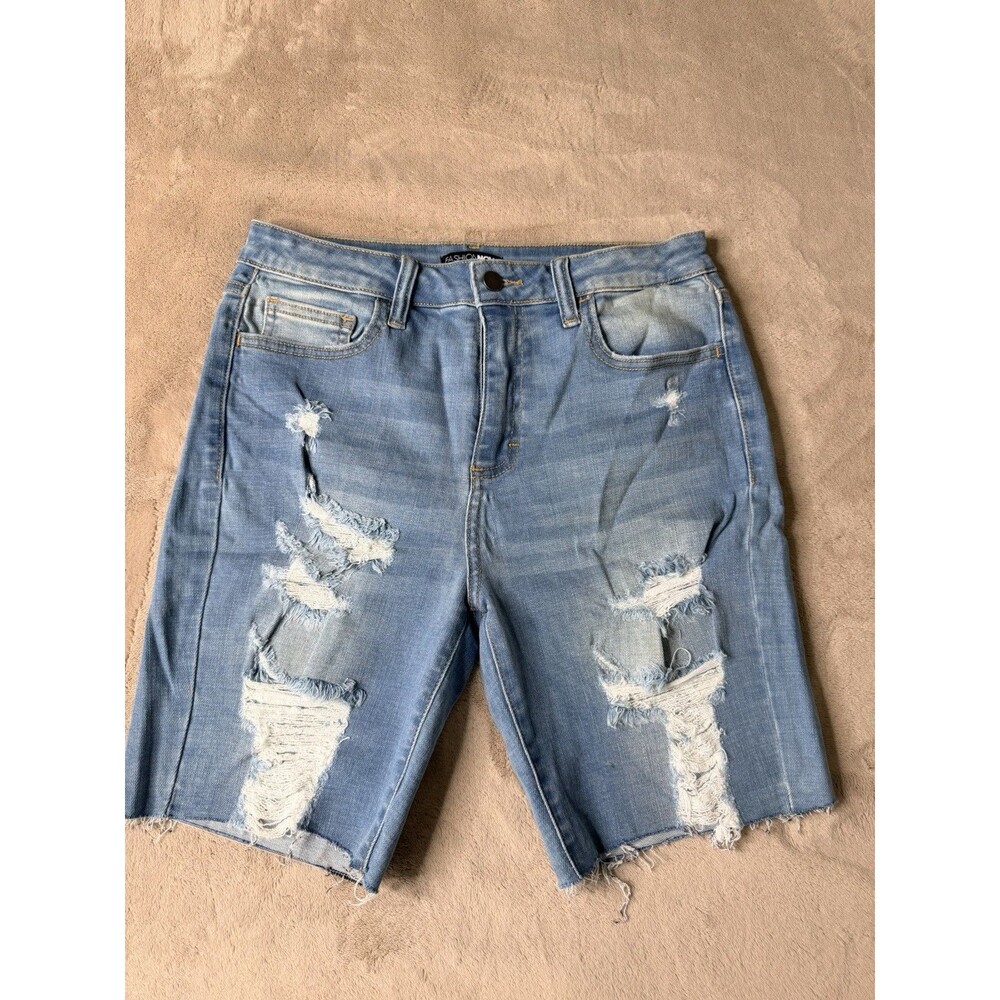 Fashion Nova NWT Distressed Denim Shorts Women Size L Blue High Rise 8” Inseam
